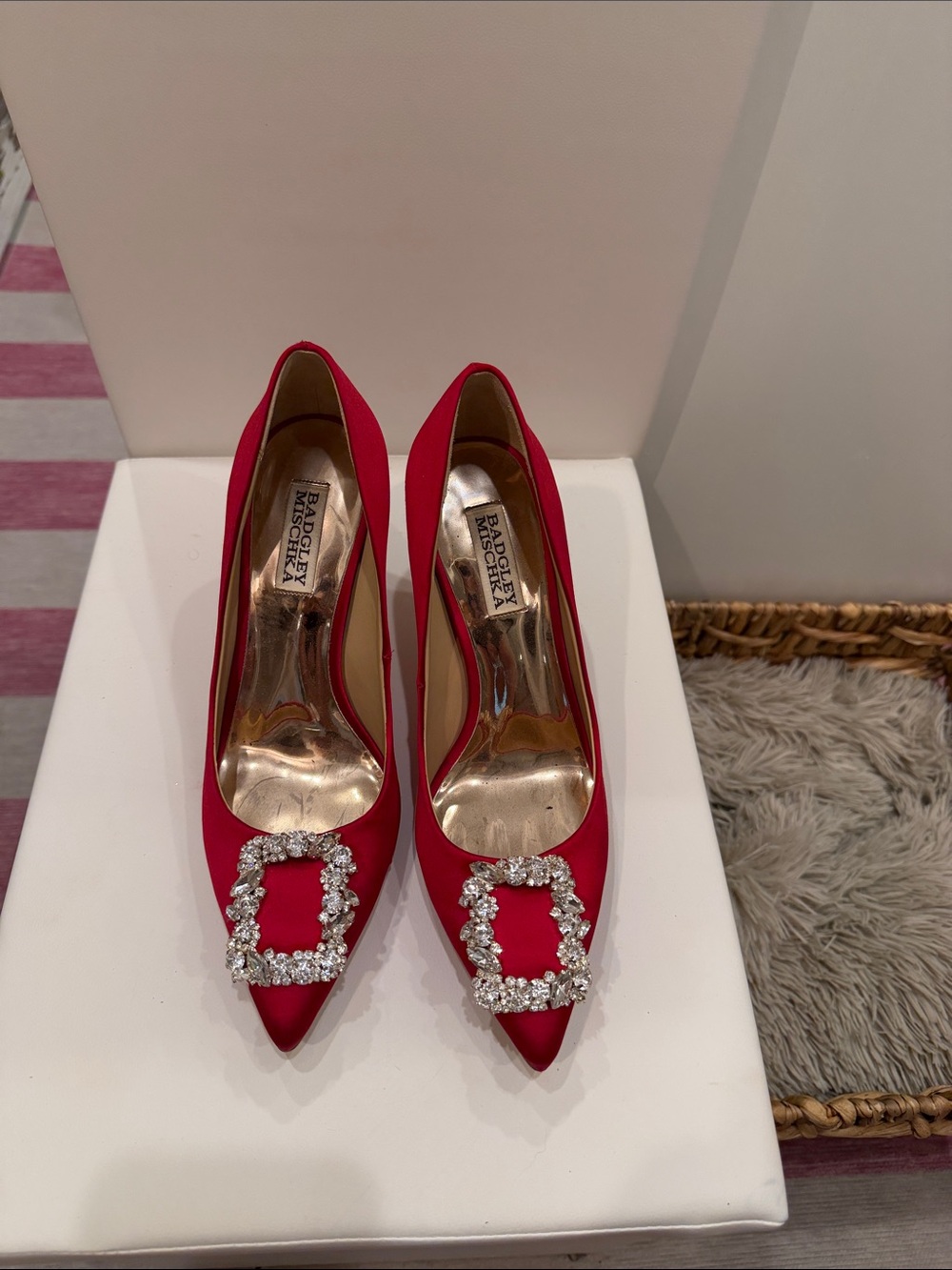 Badgley Mischka Red Satin Pointed-Toe Pumps with Crystal Buckle
